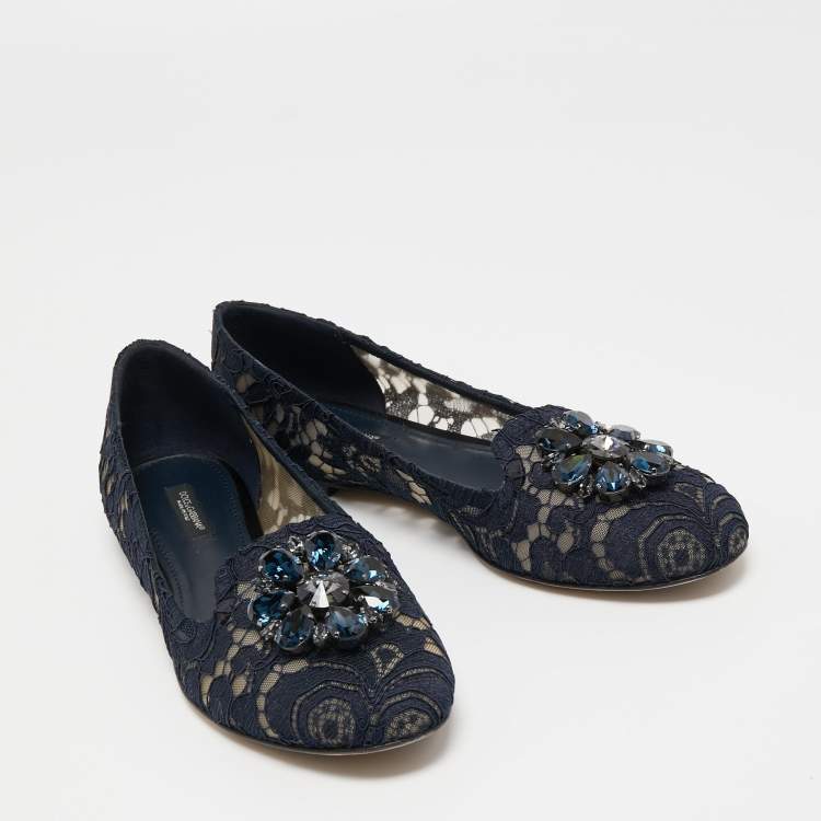 Pre Owned Dolce & Gabbana Navy Blue Lace Taormina Ballet Flats Size 39