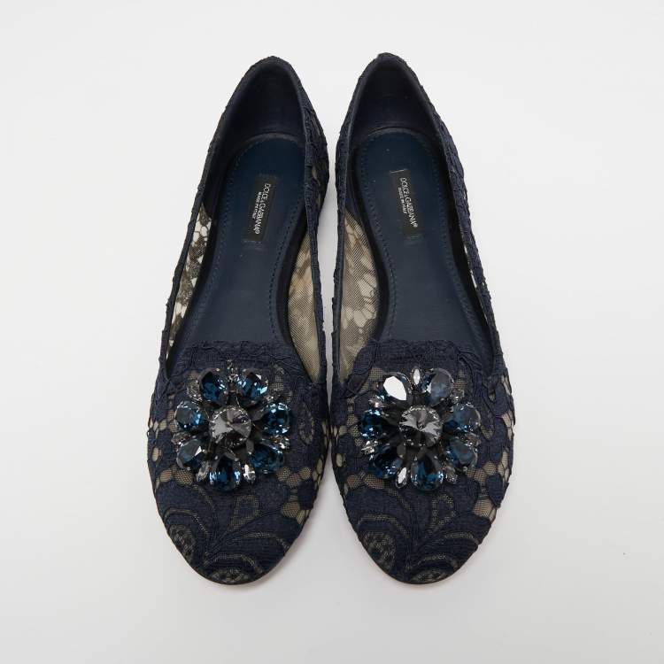 Pre Owned Dolce & Gabbana Navy Blue Lace Taormina Ballet Flats Size 39
