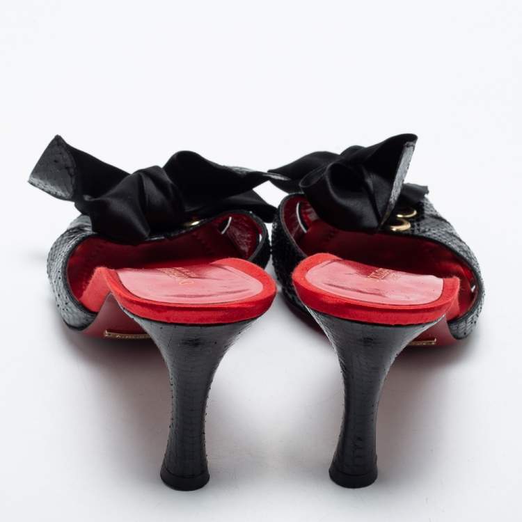 Pre Owned Dolce & Gabbana Black Snakeskin Leather Bow Slide Sandals Size 39