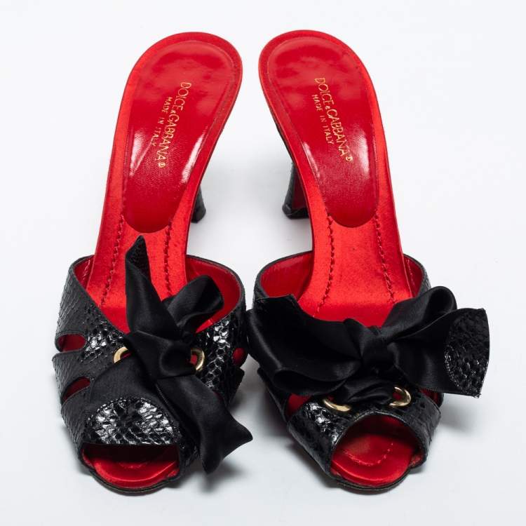 Pre Owned Dolce & Gabbana Black Snakeskin Leather Bow Slide Sandals Size 39