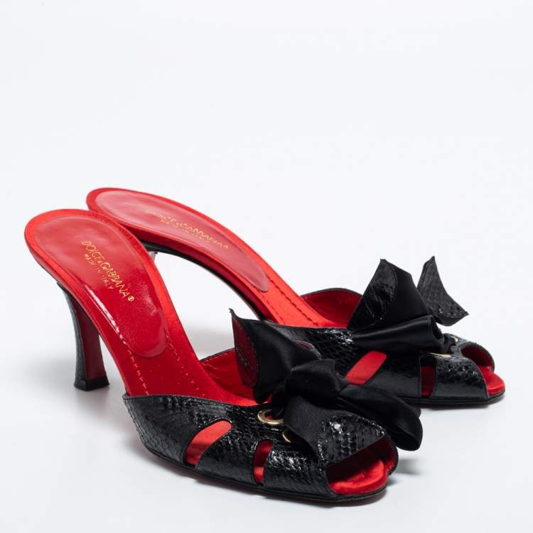 Pre Owned Dolce & Gabbana Black Snakeskin Leather Bow Slide Sandals Size 39
