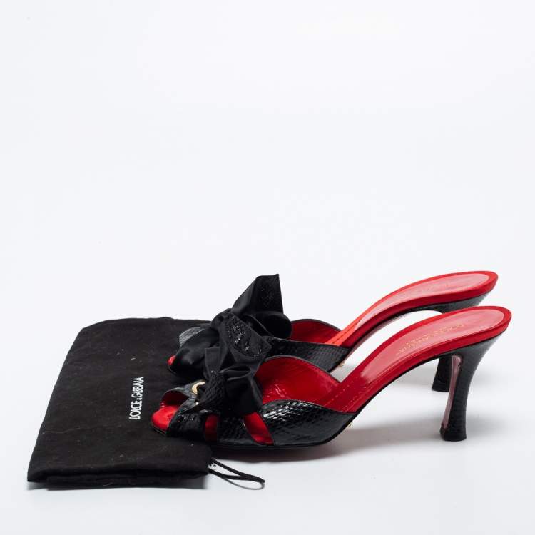 Pre Owned Dolce & Gabbana Black Snakeskin Leather Bow Slide Sandals Size 39