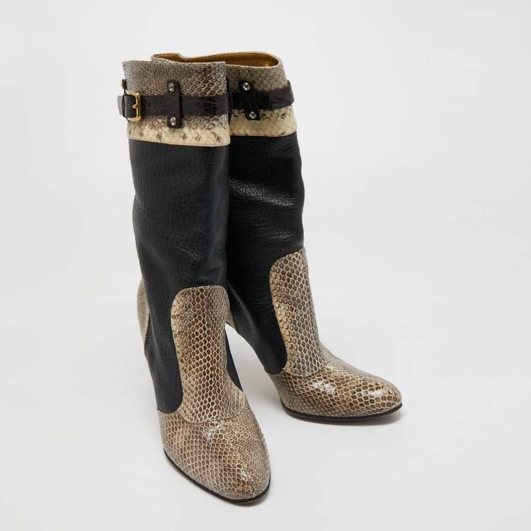 Pre Owned Dolce & Gabbana Black/Cream Python and Leather Mid Calf Boots Size 39