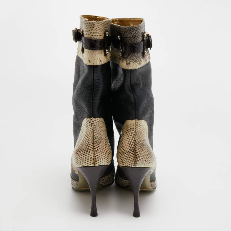 Pre Owned Dolce & Gabbana Black/Cream Python and Leather Mid Calf Boots Size 39