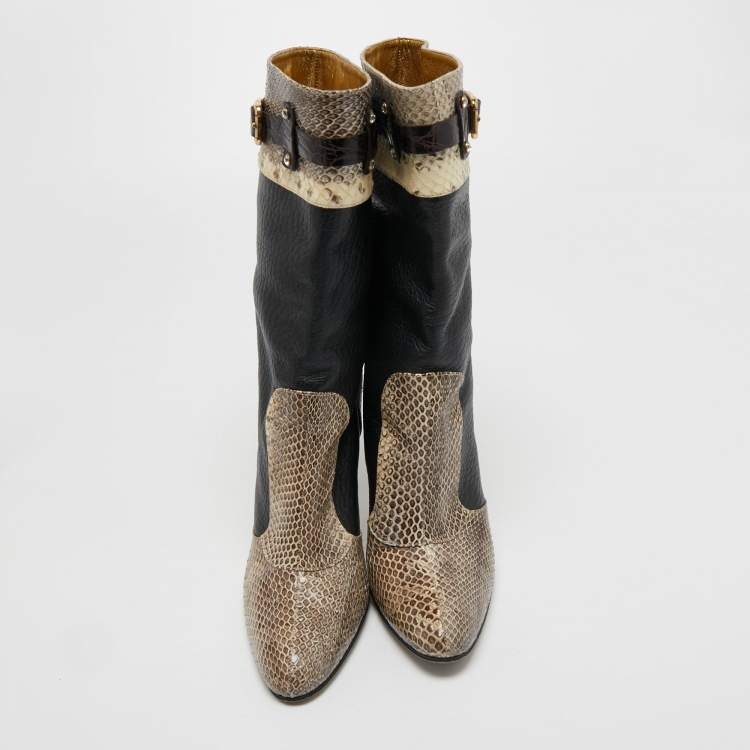 Pre Owned Dolce & Gabbana Black/Cream Python and Leather Mid Calf Boots Size 39