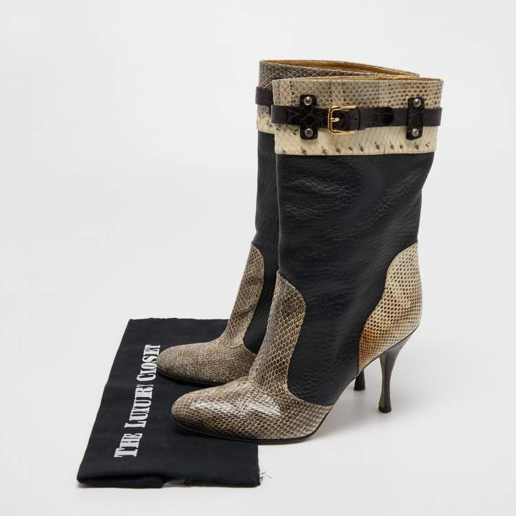 Pre Owned Dolce & Gabbana Black/Cream Python and Leather Mid Calf Boots Size 39