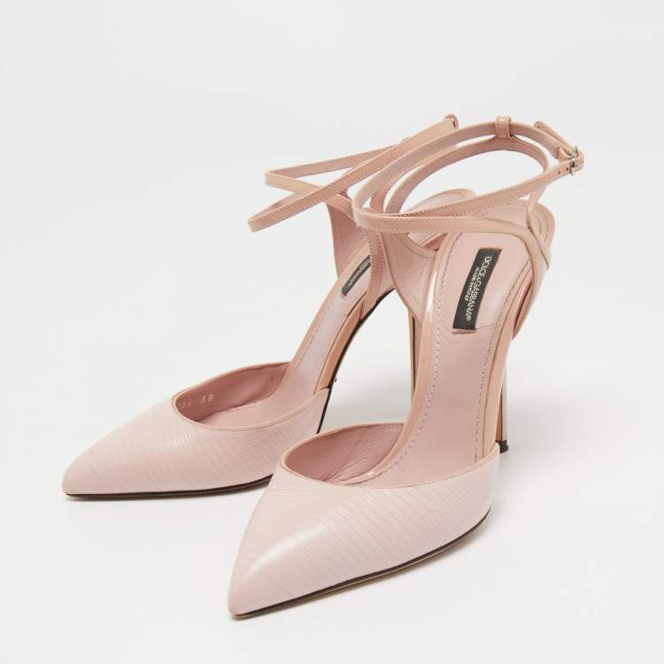 Pre Owned Dolce & Gabbana Pink Lizard Embossed Leather Pointed Toe Ankle Strap Pumps Size 38