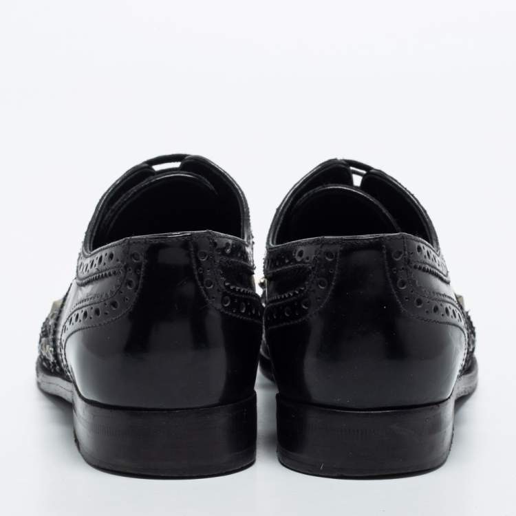 Pre Owned Dolce & Gabbana Black Brogue Leather Studded Embellished Lace Oxfords Size 36.5