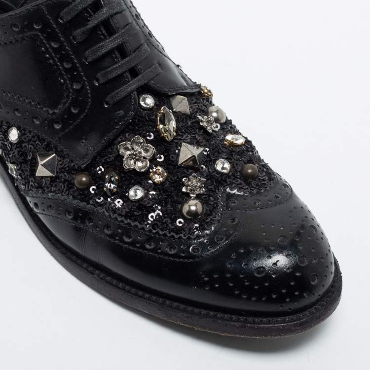 Pre Owned Dolce & Gabbana Black Brogue Leather Studded Embellished Lace Oxfords Size 36.5