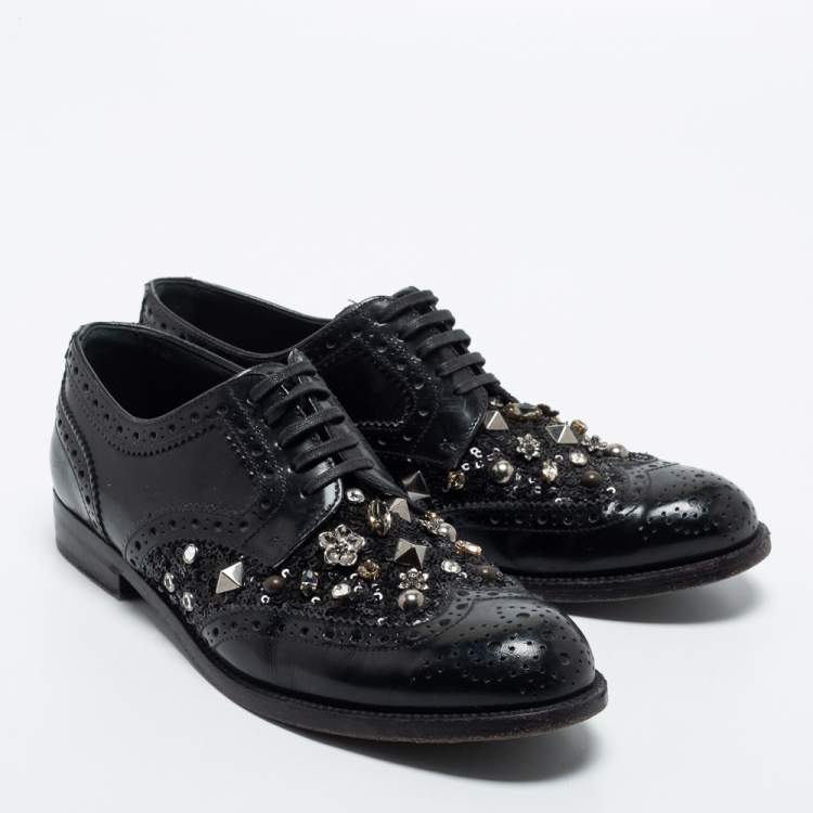 Pre Owned Dolce & Gabbana Black Brogue Leather Studded Embellished Lace Oxfords Size 36.5