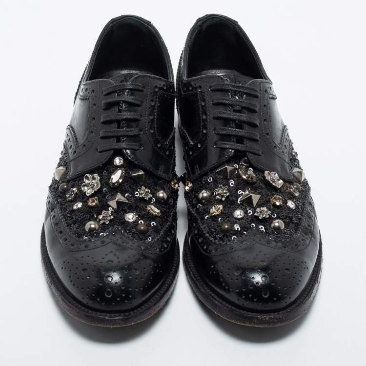 Pre Owned Dolce & Gabbana Black Brogue Leather Studded Embellished Lace Oxfords Size 36.5