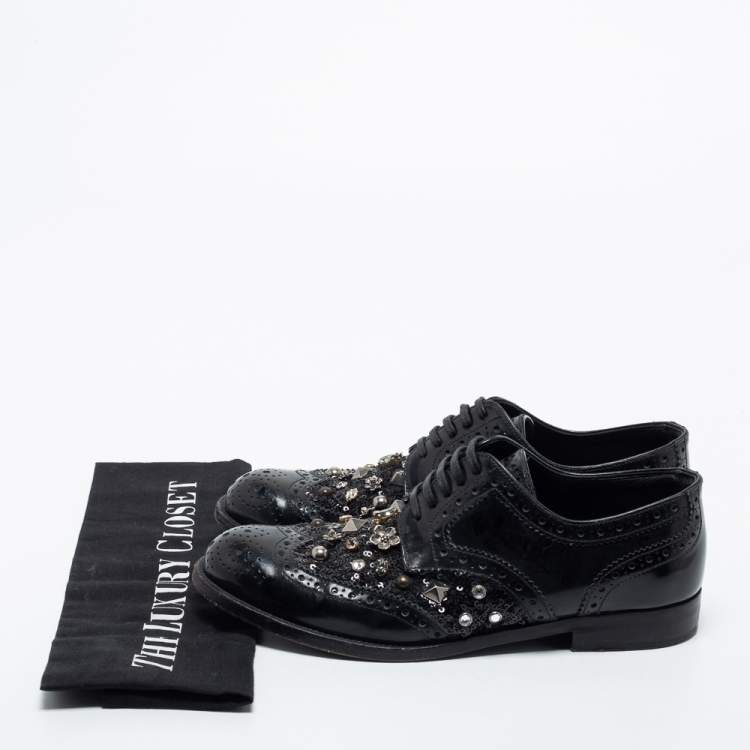 Pre Owned Dolce & Gabbana Black Brogue Leather Studded Embellished Lace Oxfords Size 36.5