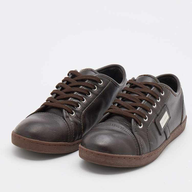 Pre Owned Dolce & Gabbana Brown Leather Low Top Sneakers Size 35