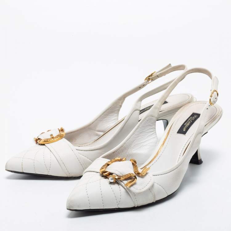 Pre Owned Dolce & Gabbana White Leather Devotion Slingback Pumps Size 37