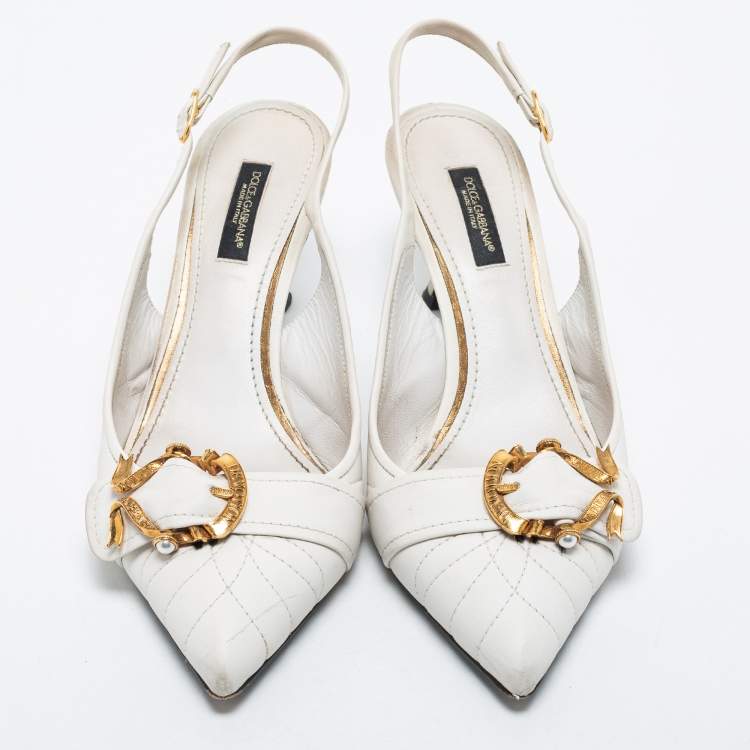 Pre Owned Dolce & Gabbana White Leather Devotion Slingback Pumps Size 37