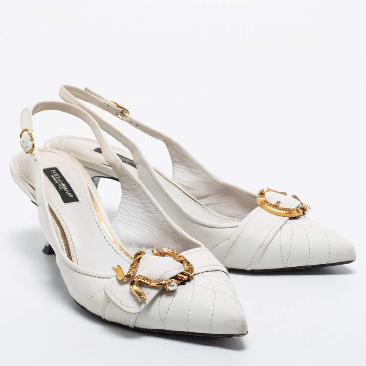 Pre Owned Dolce & Gabbana White Leather Devotion Slingback Pumps Size 37