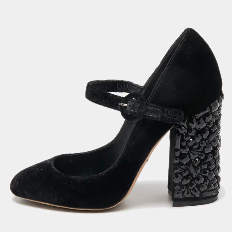 Pre Owned Dolce & Gabbana Black Velvet Crystal Embellished Heel Mary Jane Pumps Size 38