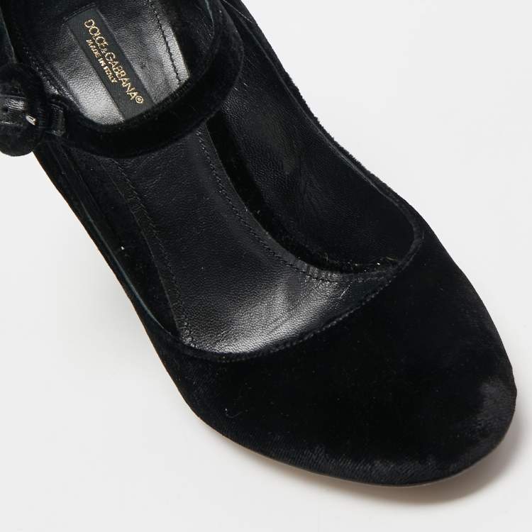 Pre Owned Dolce & Gabbana Black Velvet Crystal Embellished Heel Mary Jane Pumps Size 38