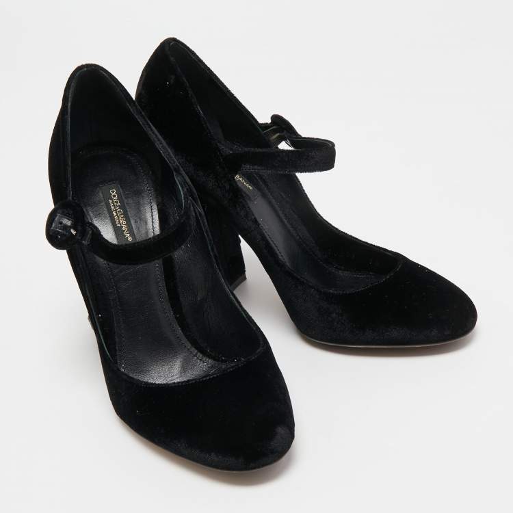 Pre Owned Dolce & Gabbana Black Velvet Crystal Embellished Heel Mary Jane Pumps Size 38