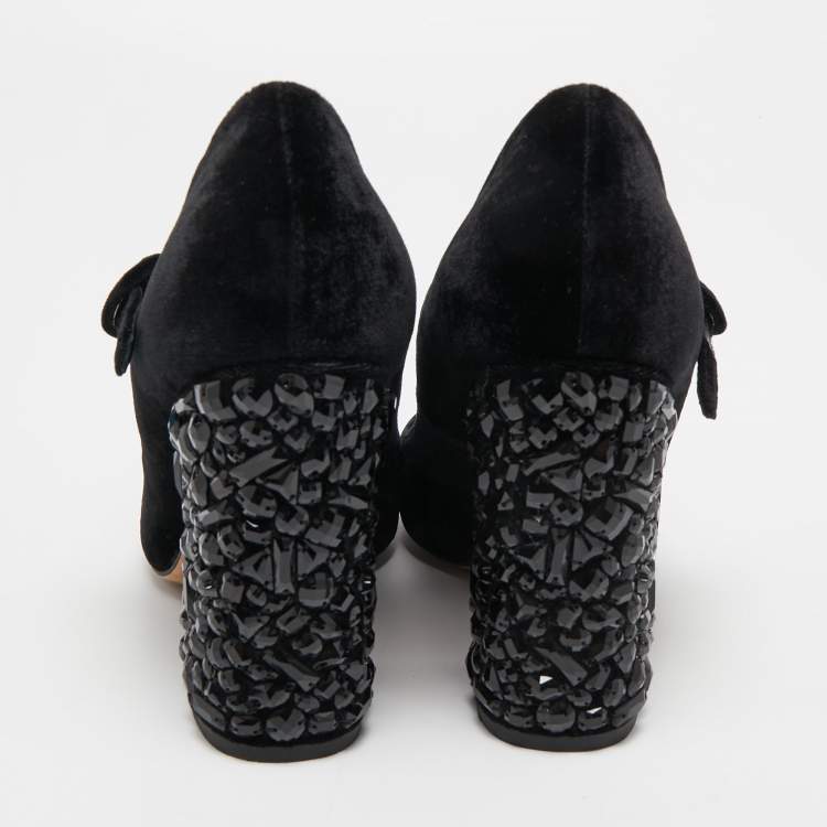 Pre Owned Dolce & Gabbana Black Velvet Crystal Embellished Heel Mary Jane Pumps Size 38