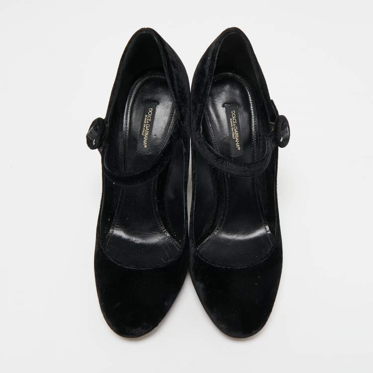 Pre Owned Dolce & Gabbana Black Velvet Crystal Embellished Heel Mary Jane Pumps Size 38
