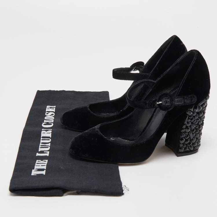 Pre Owned Dolce & Gabbana Black Velvet Crystal Embellished Heel Mary Jane Pumps Size 38