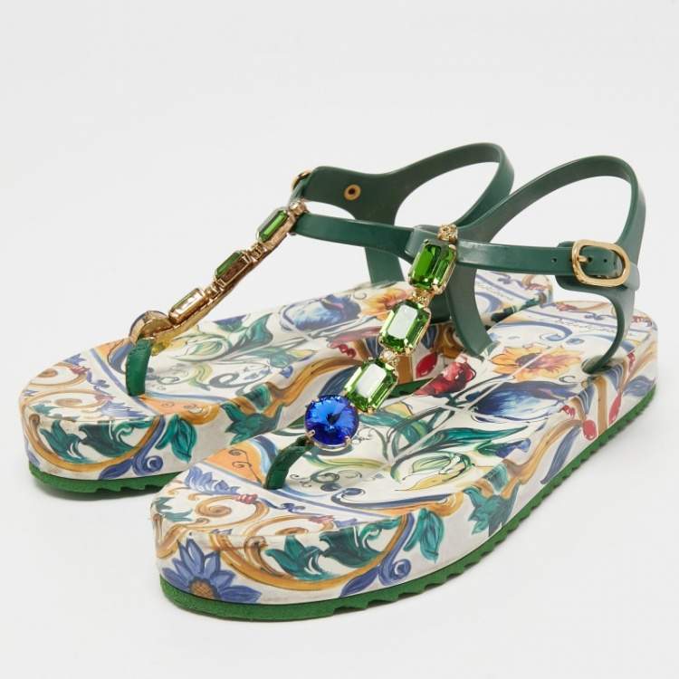Pre Owned Dolce & Gabbana Multicolor Rubber Jewel Embellished Thong Sandals Size 37