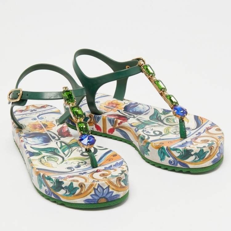 Pre Owned Dolce & Gabbana Multicolor Rubber Jewel Embellished Thong Sandals Size 37