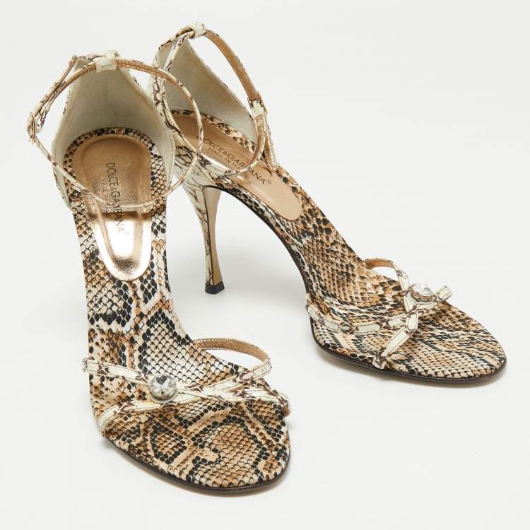 Pre Owned Dolce & Gabbana Brown/Cream Python Leather Ankle Strap Sandals Size 41
