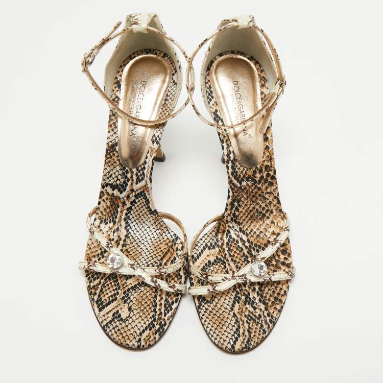 Pre Owned Dolce & Gabbana Brown/Cream Python Leather Ankle Strap Sandals Size 41