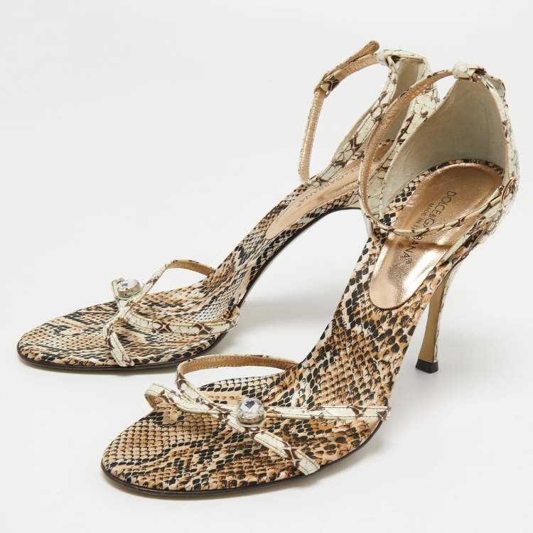 Pre Owned Dolce & Gabbana Brown/Cream Python Leather Ankle Strap Sandals Size 41