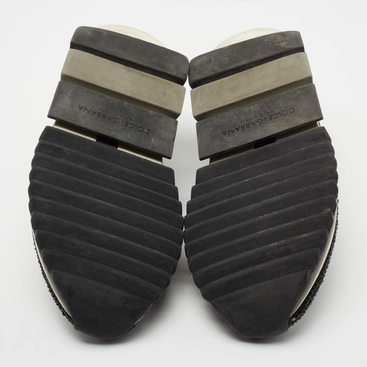 Pre Owned Dolce & Gabbana Black/Silver Crystal Embellished Knit Fabric Sorrento Sneakers Size 38