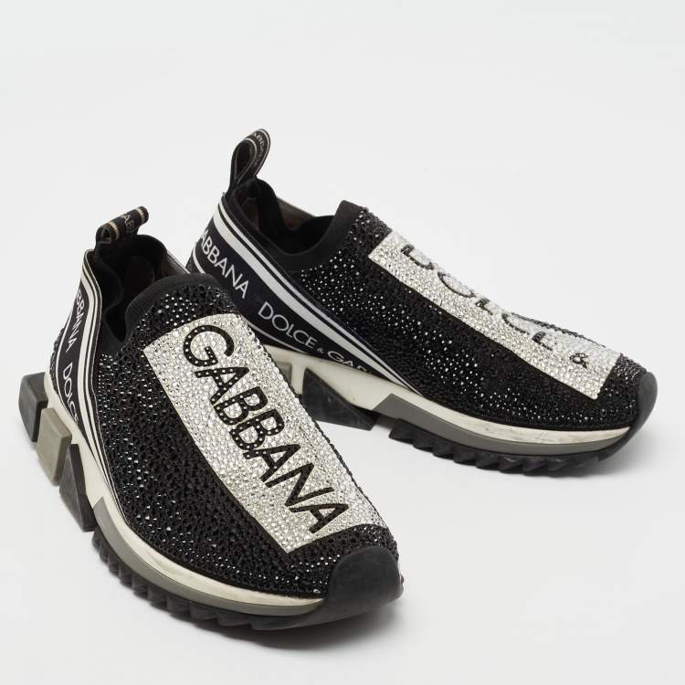 Pre Owned Dolce & Gabbana Black/Silver Crystal Embellished Knit Fabric Sorrento Sneakers Size 38