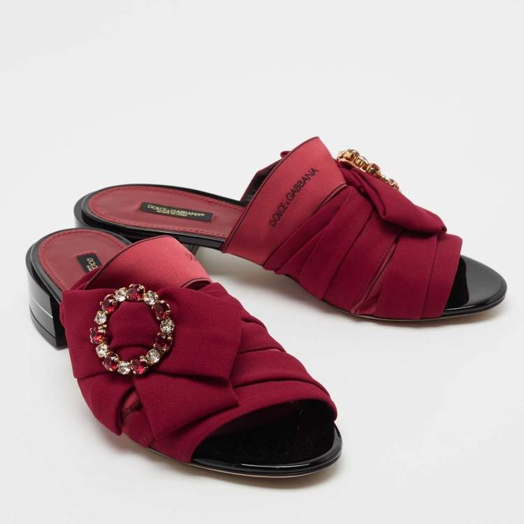 Pre Owned Dolce & Gabbana Burgundy Fabric Crystal Embellished Bow Slide Sandals Size 39.5