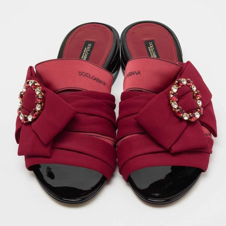 Pre Owned Dolce & Gabbana Burgundy Fabric Crystal Embellished Bow Slide Sandals Size 39.5