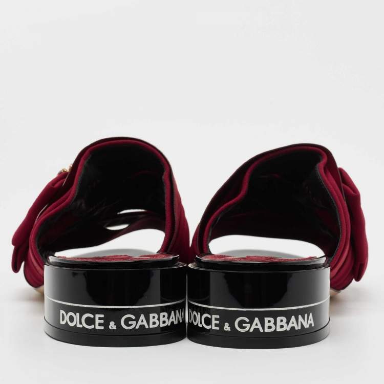 Pre Owned Dolce & Gabbana Burgundy Fabric Crystal Embellished Bow Slide Sandals Size 39.5