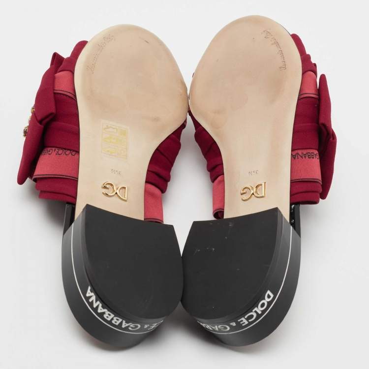 Pre Owned Dolce & Gabbana Burgundy Fabric Crystal Embellished Bow Slide Sandals Size 39.5