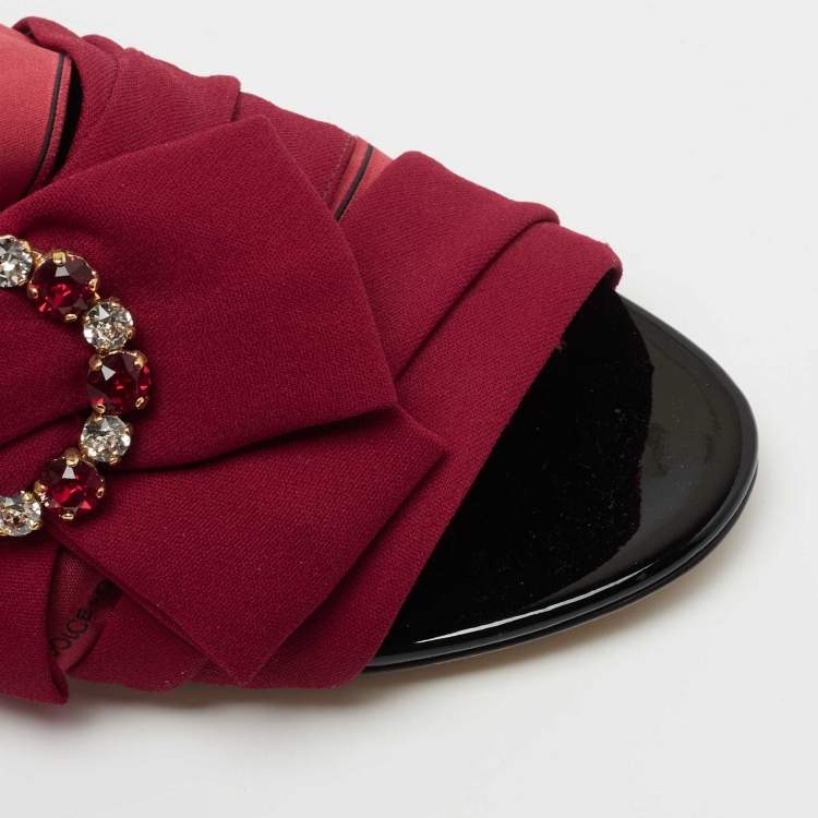 Pre Owned Dolce & Gabbana Burgundy Fabric Crystal Embellished Bow Slide Sandals Size 39.5