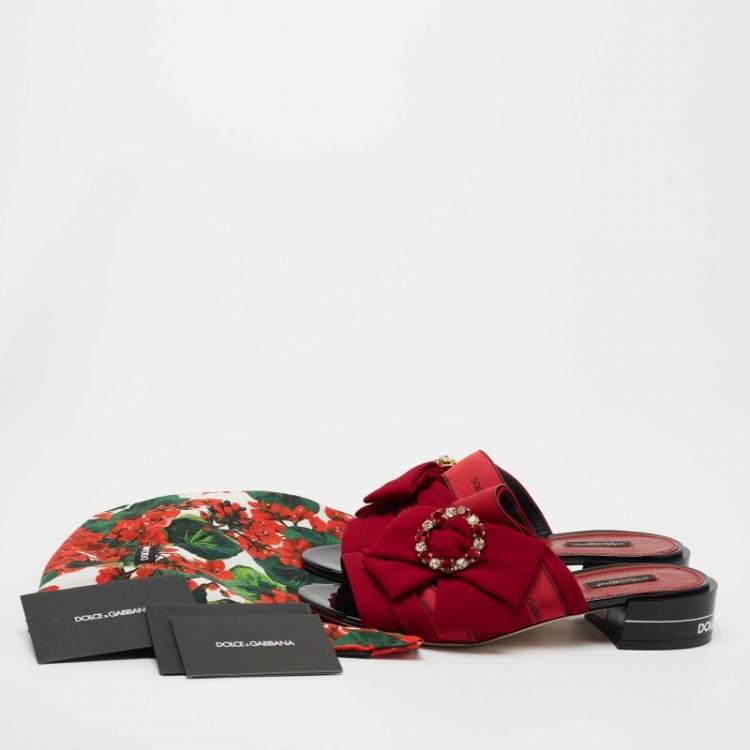 Pre Owned Dolce & Gabbana Burgundy Fabric Crystal Embellished Bow Slide Sandals Size 39.5