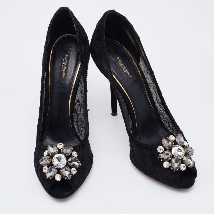 Pre Owned Dolce & Gabbana Black Lace Bellucci Embellished Pumps Size 40
