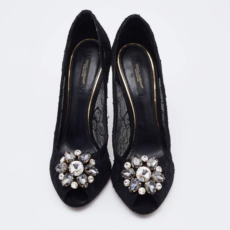 Pre Owned Dolce & Gabbana Black Lace Bellucci Embellished Pumps Size 40