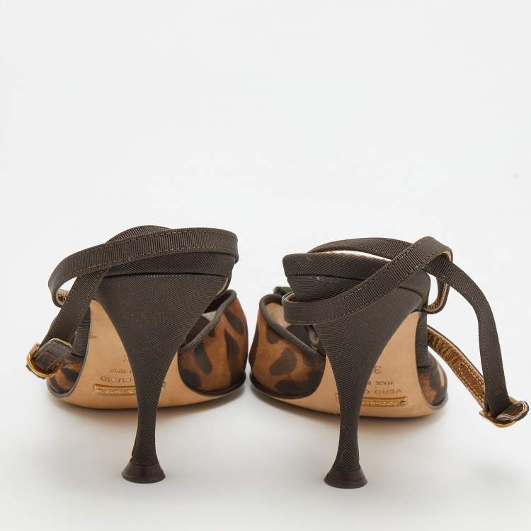 Pre Owned Dolce & Gabbana Brown Leopard Print Mesh and Fabric Embellished Ankle Strap Sandals Size 36.5