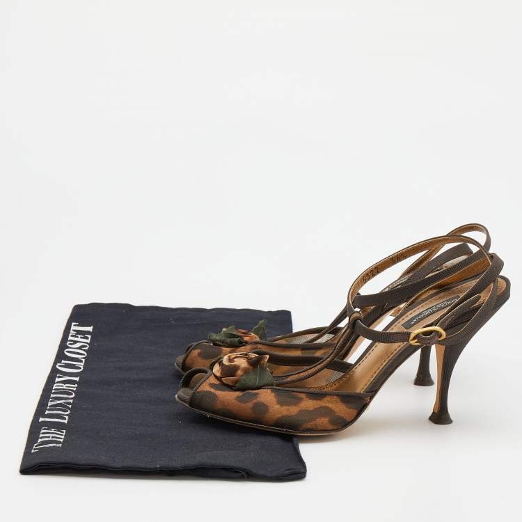 Pre Owned Dolce & Gabbana Brown Leopard Print Mesh and Fabric Embellished Ankle Strap Sandals Size 36.5
