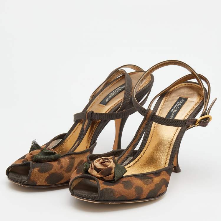 Pre Owned Dolce & Gabbana Brown Leopard Print Mesh and Fabric Embellished Ankle Strap Sandals Size 36.5