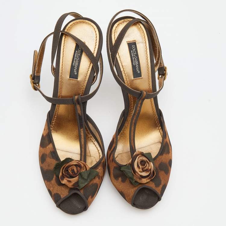 Pre Owned Dolce & Gabbana Brown Leopard Print Mesh and Fabric Embellished Ankle Strap Sandals Size 36.5