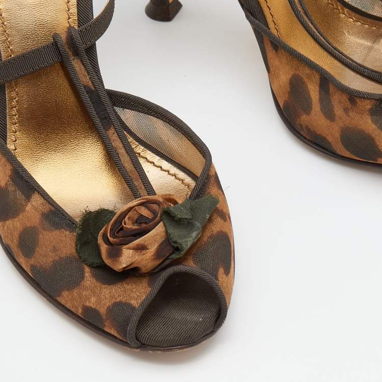 Pre Owned Dolce & Gabbana Brown Leopard Print Mesh and Fabric Embellished Ankle Strap Sandals Size 36.5