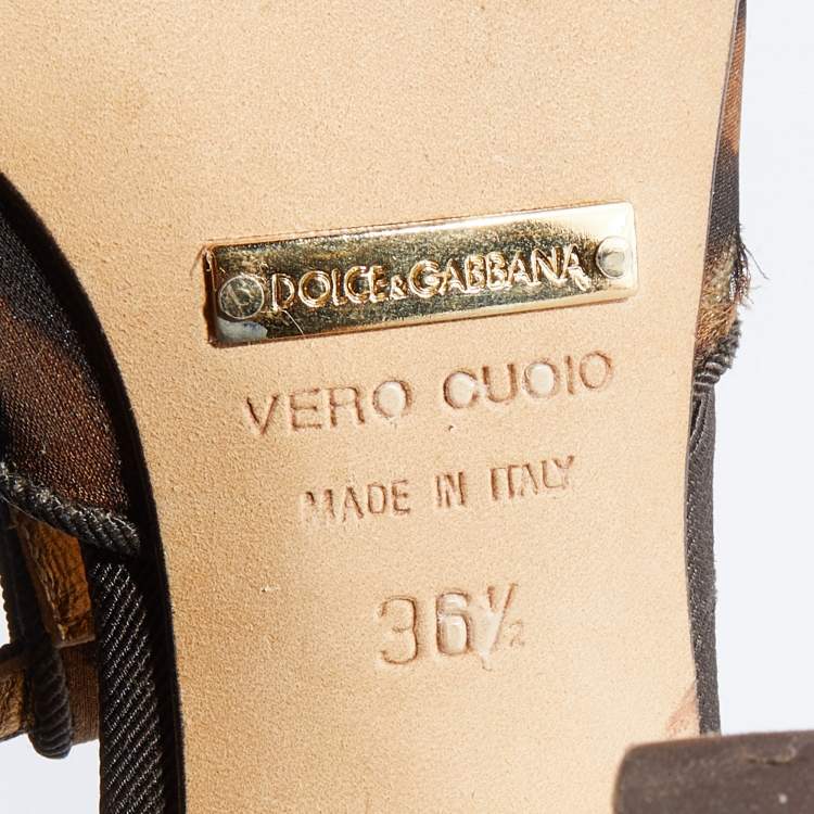Pre Owned Dolce & Gabbana Brown Leopard Print Mesh and Fabric Embellished Ankle Strap Sandals Size 36.5
