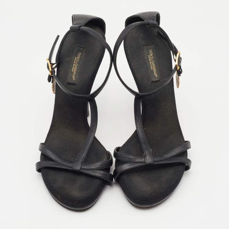 Pre Owned Dolce and Gabbana Black Leather Heritage Coin Detail Ankle Strap Sandals Size 37