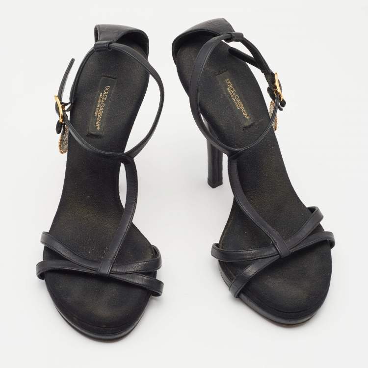 Pre Owned Dolce and Gabbana Black Leather Heritage Coin Detail Ankle Strap Sandals Size 37