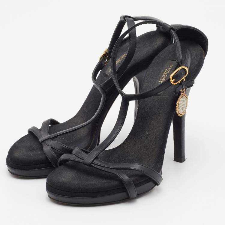 Pre Owned Dolce and Gabbana Black Leather Heritage Coin Detail Ankle Strap Sandals Size 37